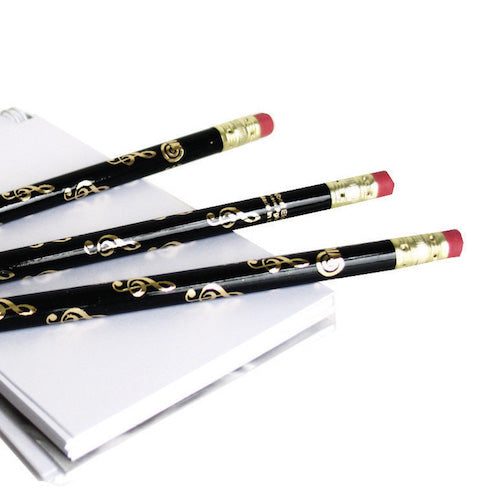 Pencils Treble Clef Musical Gift Pack of 10 with Erasers Black with Gold Motifs